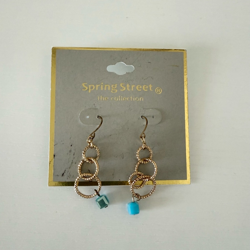 NWT Spring street gold and blue hoop dangling earrings